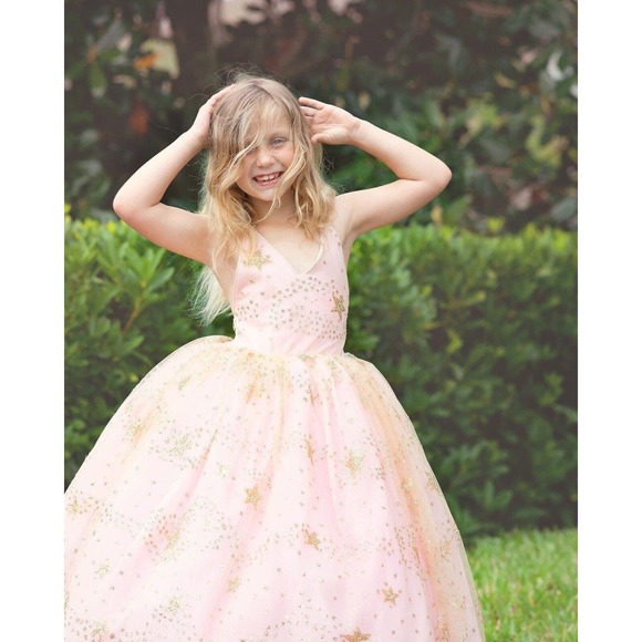 girls couture dress light pink with gold star accents flexible size